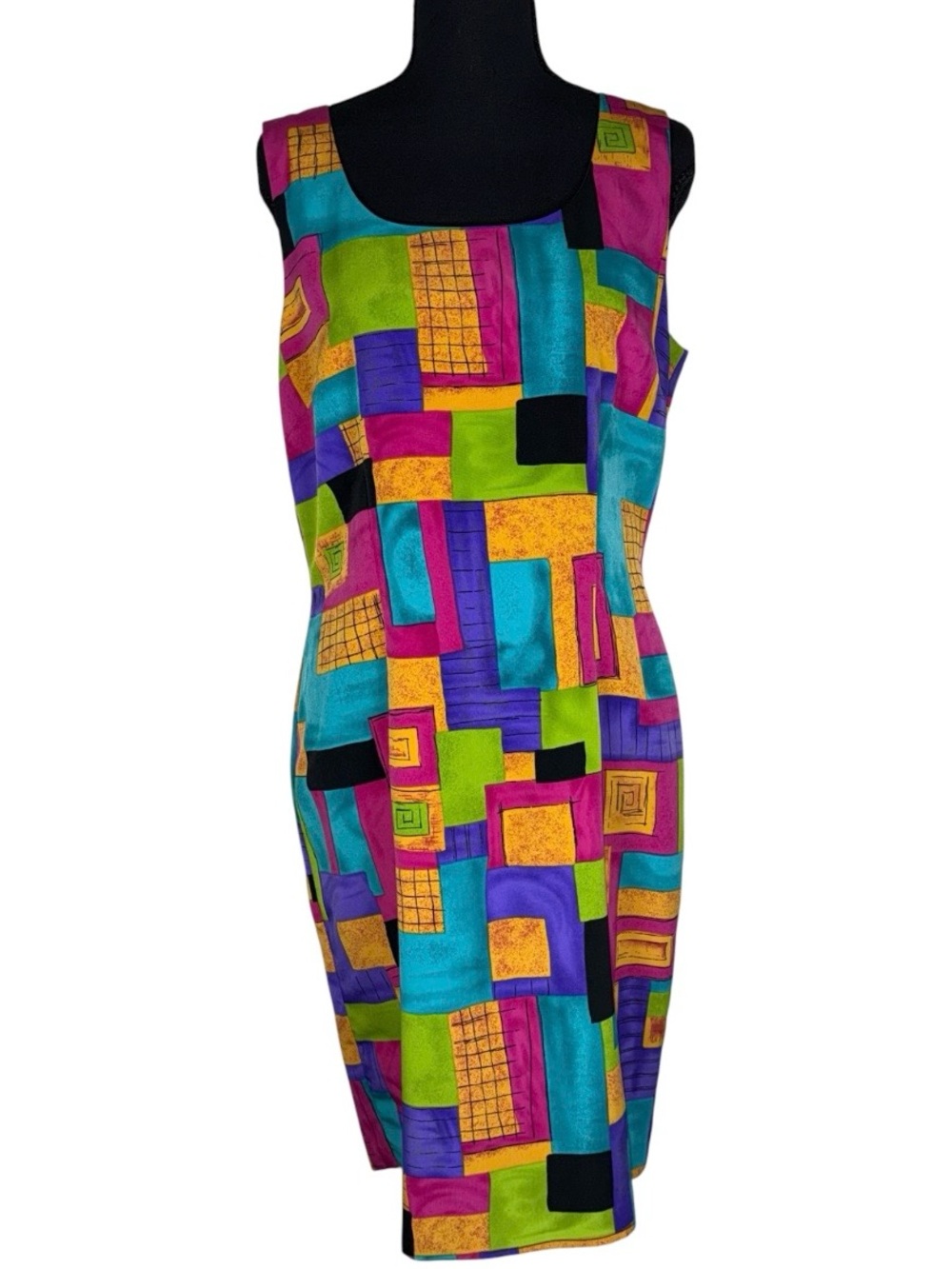 Vintage 90s Sleeveless Tank Sheath Dress Bold Colorful Geometric Patchwork Sz 10
